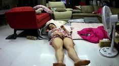 Asian mothers languid masturbation on the floor