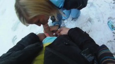 This blonde babe loves the snow and playing with big hard schlongs