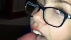 Girl with glasses gives blowjob but wasn't ready for cim