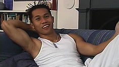 Asian stud Chase chats and slowly gets naked then wiggles his wanker