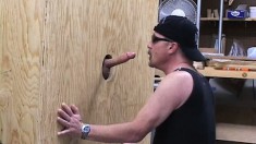 Chubby stud gets to work on sucking mad dick at a glory hole